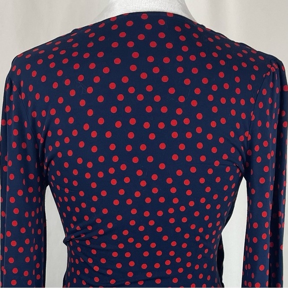 Boden Navy And Red Polka Dot Faux Wrap Ruched Top NWOT - Picture 5 of 11